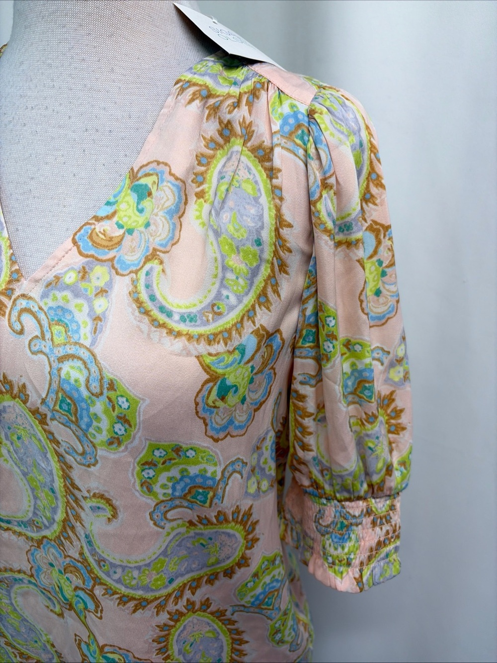 NWT Sigrid Olsen Women XS Multicolor Paisley Silky SS Smocked Shirt Blouse - Picture 4 of 12